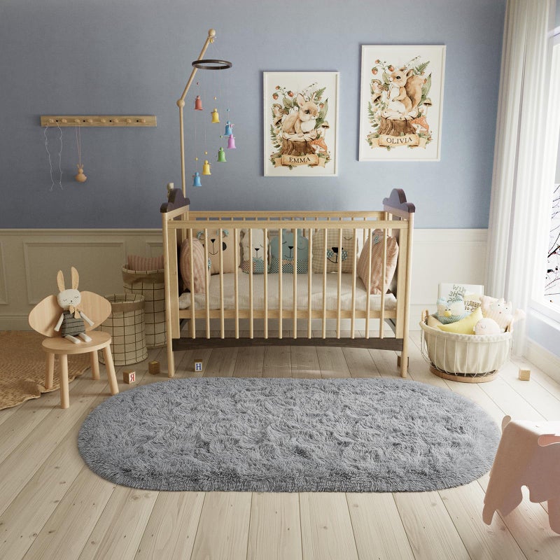LOCHAS Bedroom Rug 2.6' x 5.3', Gray Fluffy Shaggy Area Rug for Bedroom Bedside, Soft Oval Throw Rugs Carpet for Kids Girls Nursery Living Room Home Decor - Image 4